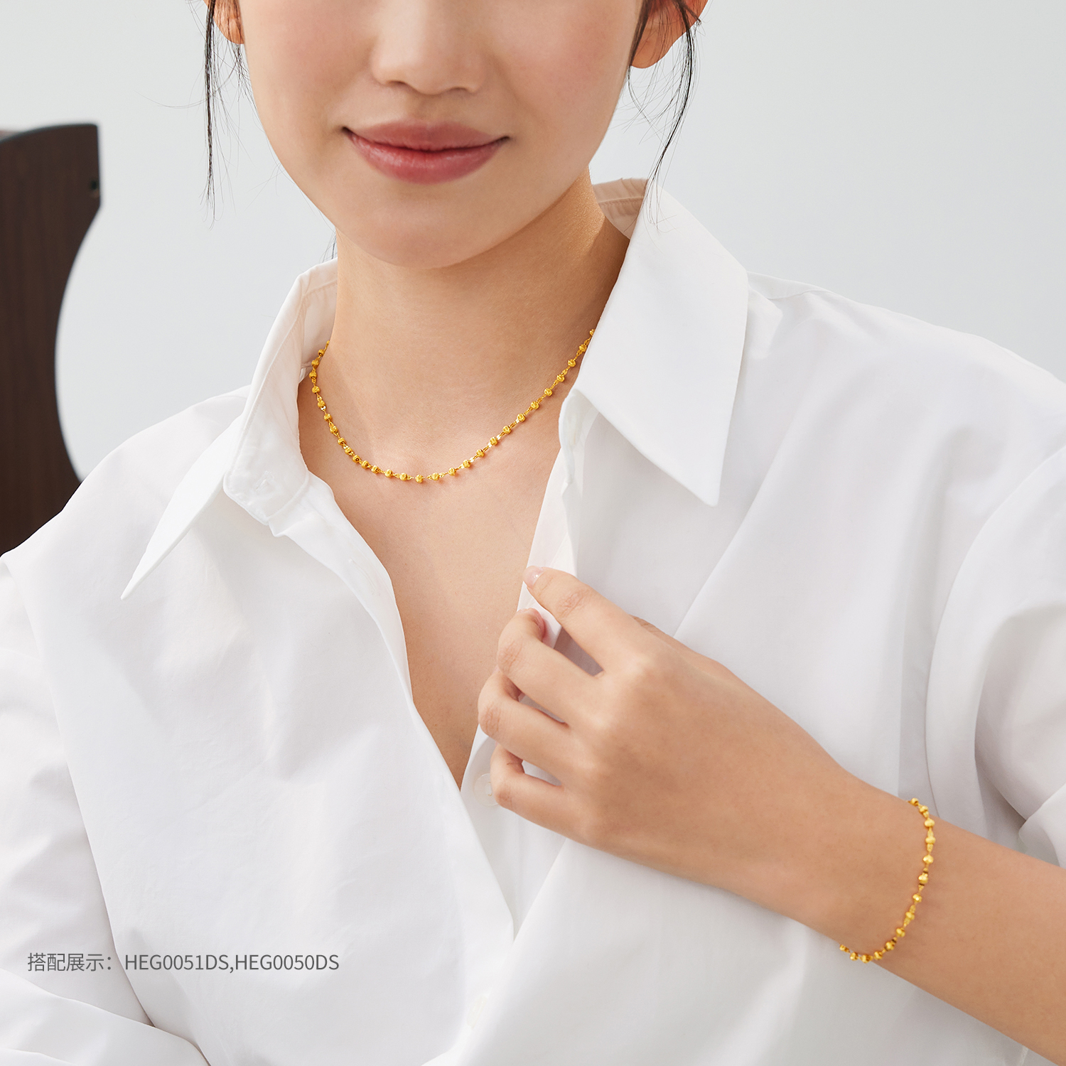 【店庆特惠】六福珠宝光影金猫眼金珠黄金项链女嘴唇链足金素链计价HEG0051DS【1V1直播看货】