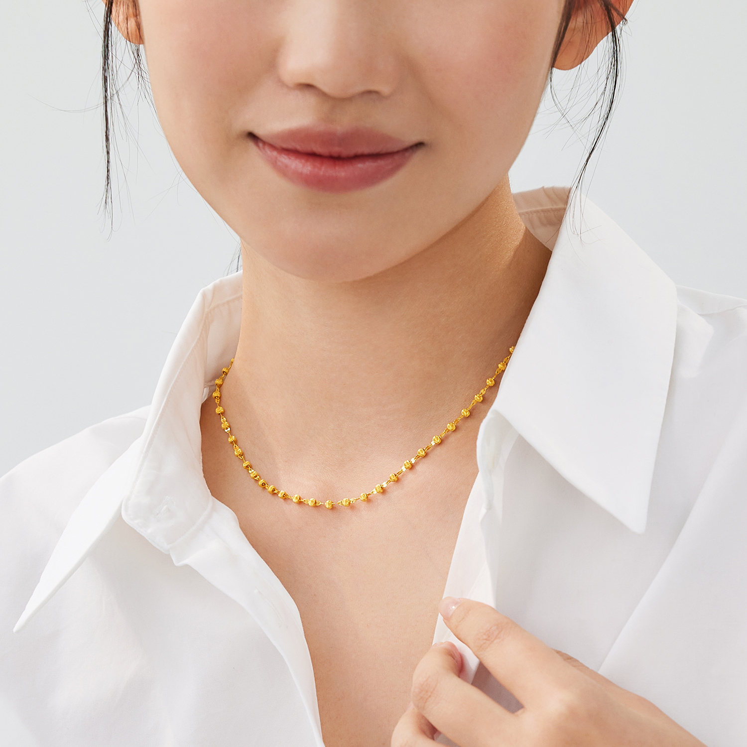 【店庆特惠】六福珠宝光影金猫眼金珠黄金项链女嘴唇链足金素链计价HEG0051DS【1V1直播看货】