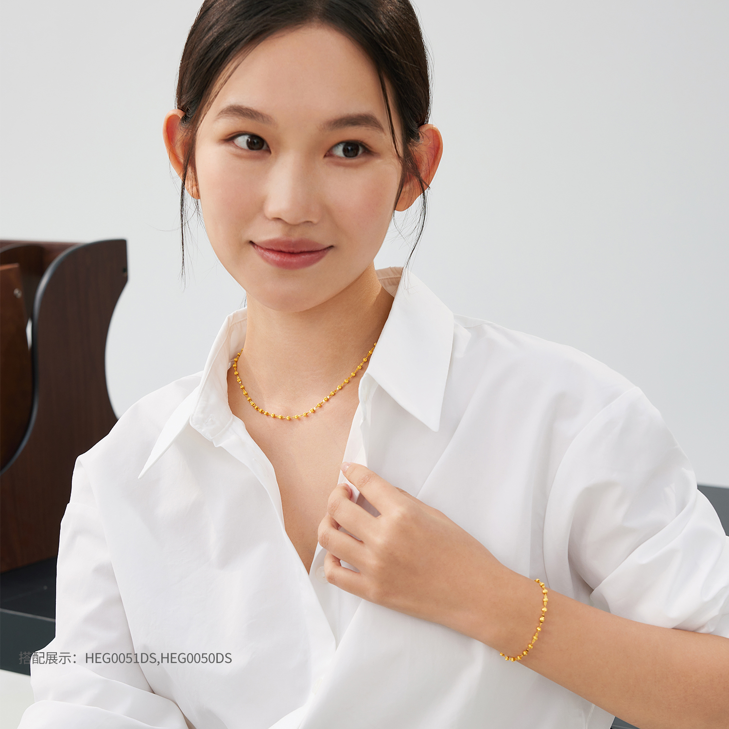 【店庆特惠】六福珠宝光影金猫眼金珠黄金项链女嘴唇链足金素链计价HEG0051DS【1V1直播看货】