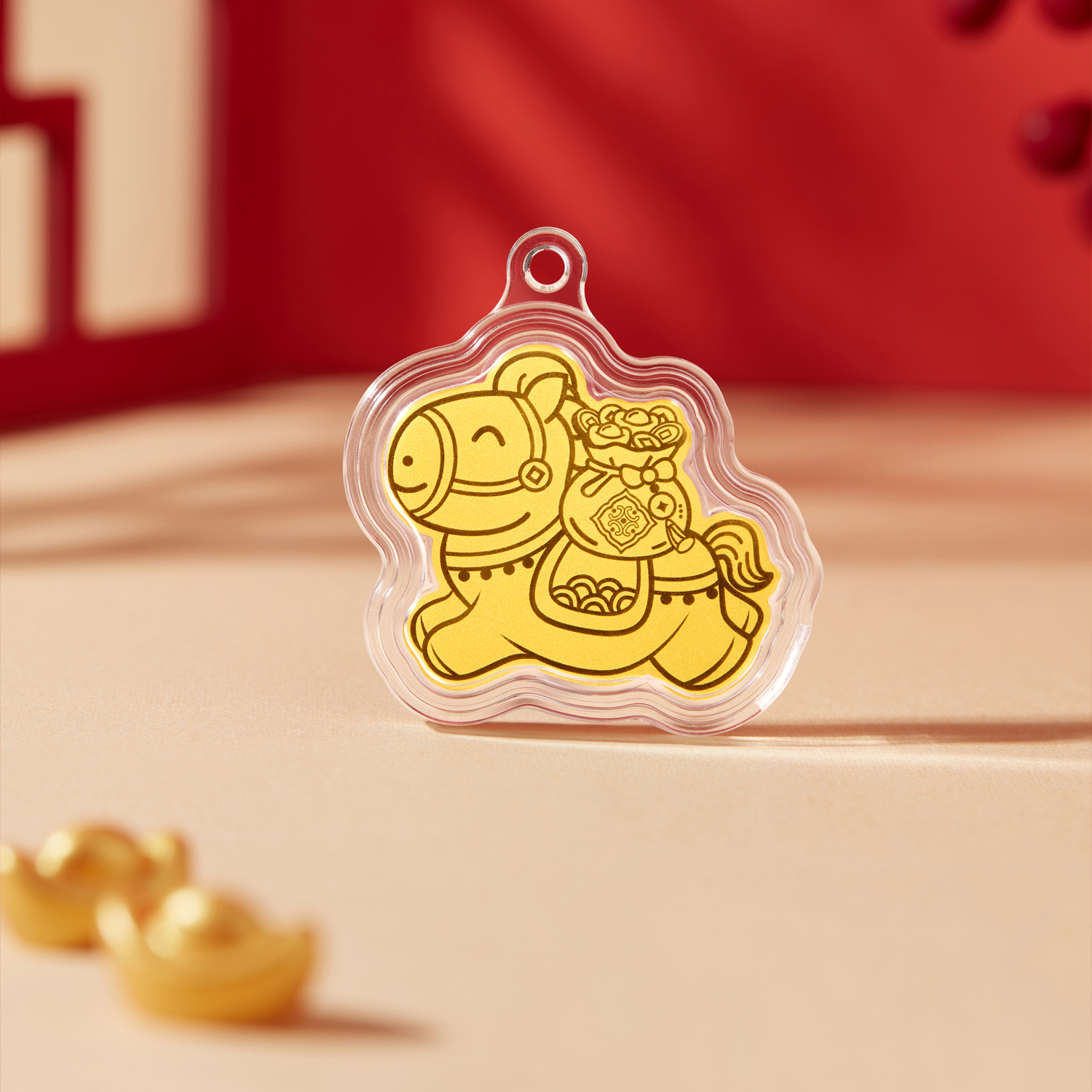 【9日上新】六福珠宝马年生肖马上有钱黄金手机贴片金片挂饰礼物挂件摆件036578JA新品110