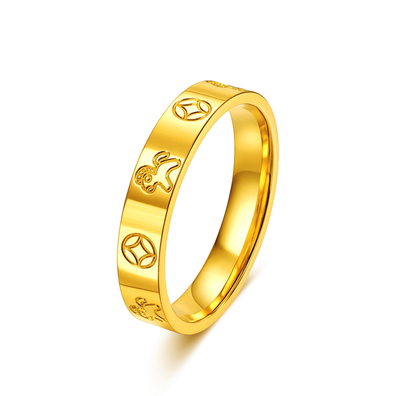 【店庆特惠】六福珠宝马上暴富黄金戒指女款生肖马首饰铜钱纹计价G16G0057DS