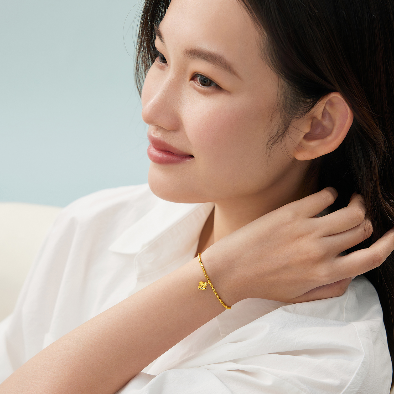 【店庆特惠】六福珠宝童心蝴蝶黄金手链女四叶草足金蹦迪珠手串计价GJG0163DS童心0