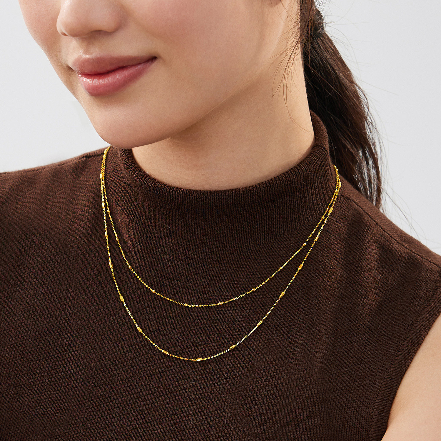 【店庆特惠】六福珠宝车花珠黄金项链女时尚双层素链金珠锁骨链计价HEG0044DS