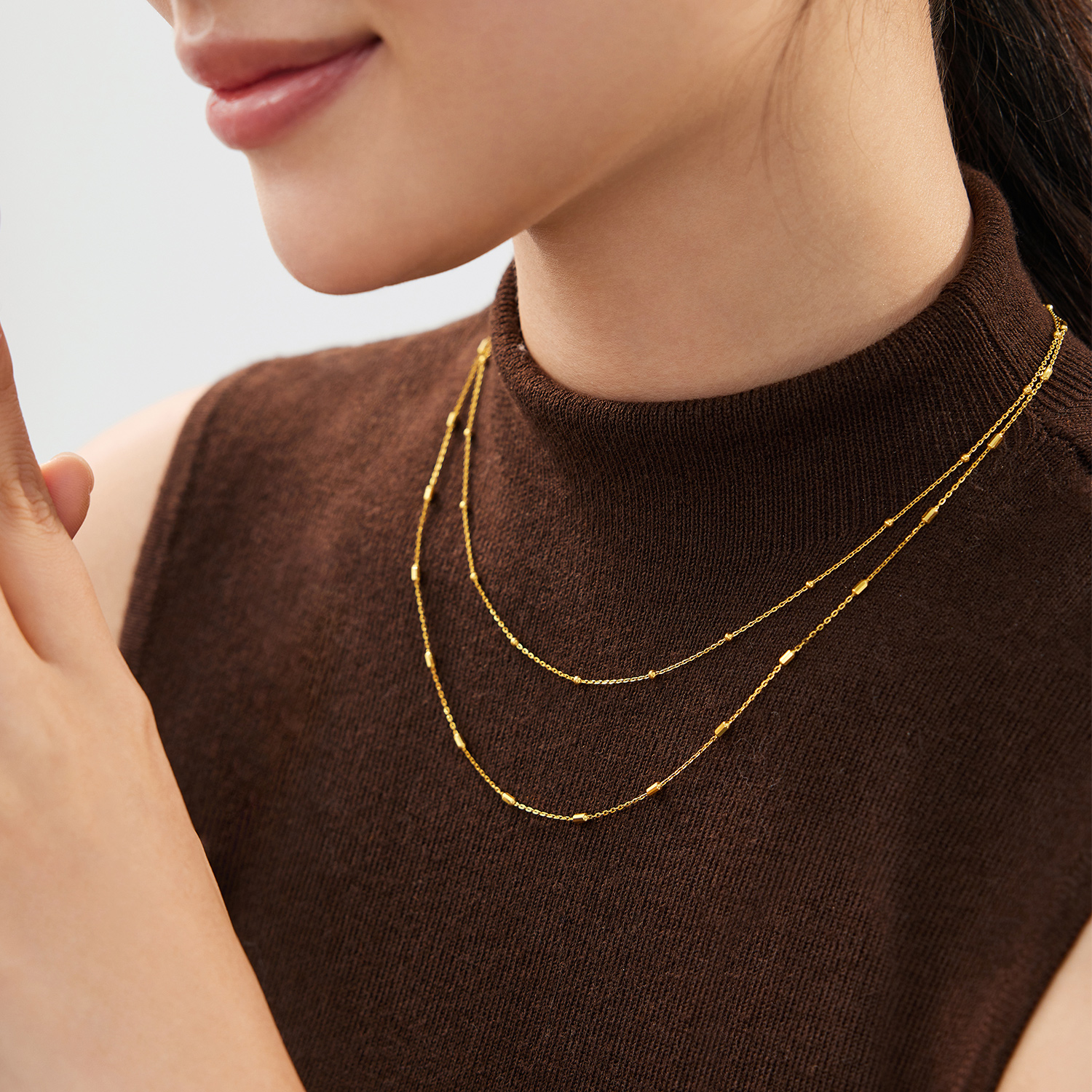 【店庆特惠】六福珠宝车花珠黄金项链女时尚双层素链金珠锁骨链计价HEG0044DS