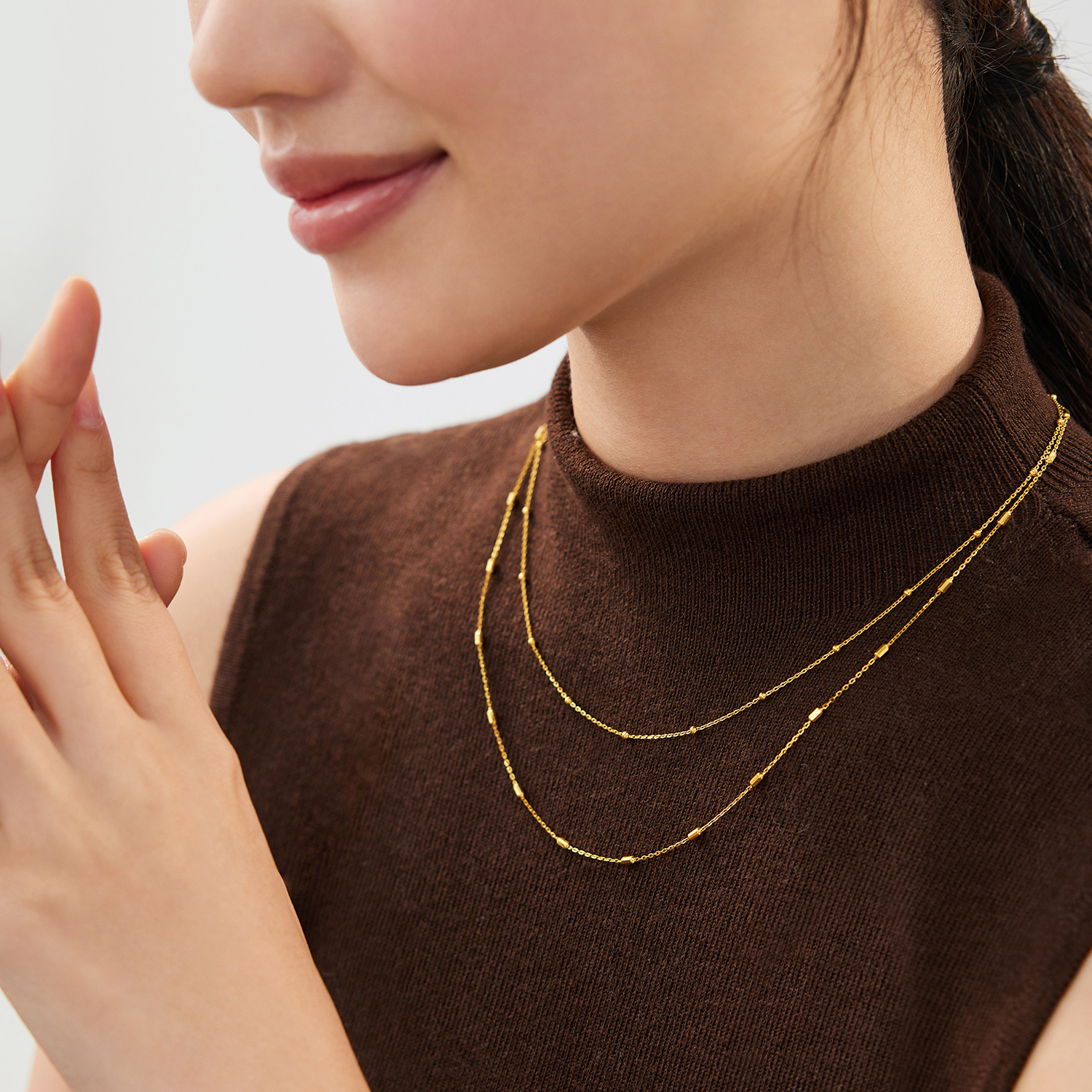 【店庆特惠】六福珠宝车花珠黄金项链女时尚双层素链金珠锁骨链计价HEG0044DS