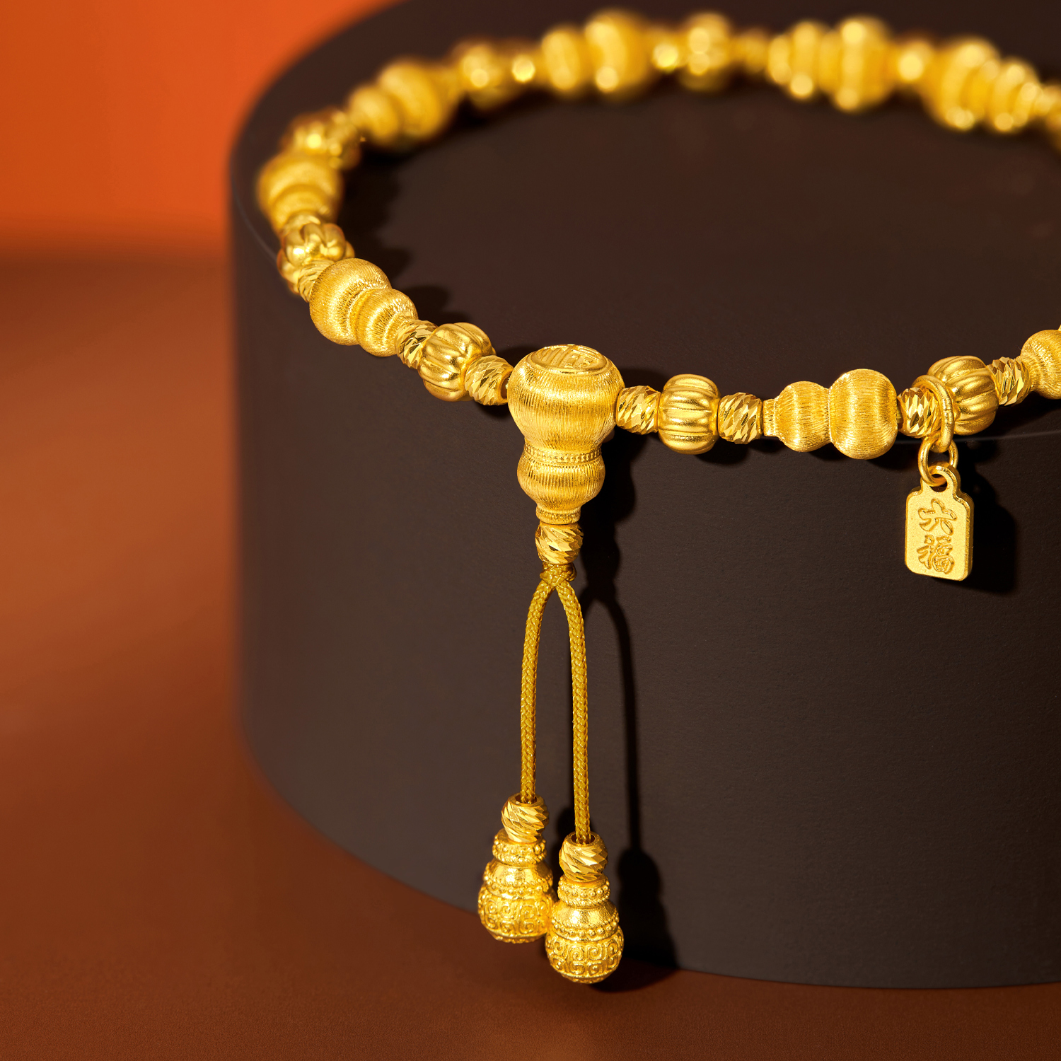 六福珠宝福满传家鎏光葫芦黄金手链手工拉丝手串珠计价G39G0038DS【1V1直播看货】