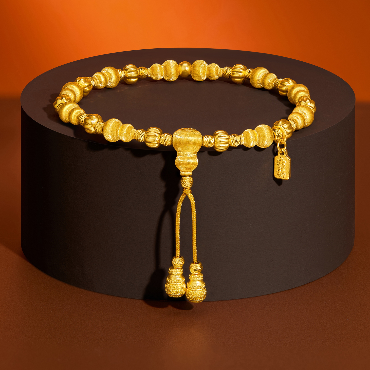 六福珠宝福满传家鎏光葫芦黄金手链手工拉丝手串珠计价G39G0038DS【1V1直播看货】