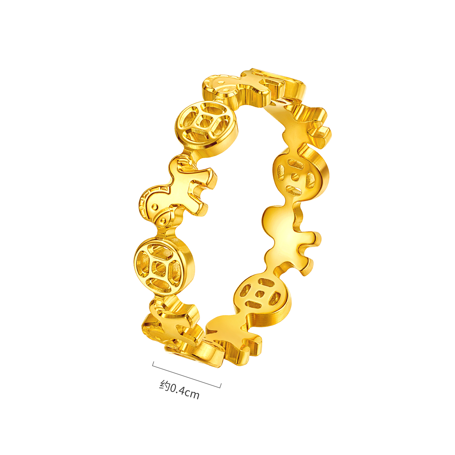 【店庆特惠】六福珠宝马上暴富铜钱纹黄金戒指女实心生肖马金饰计价F95G0003DS