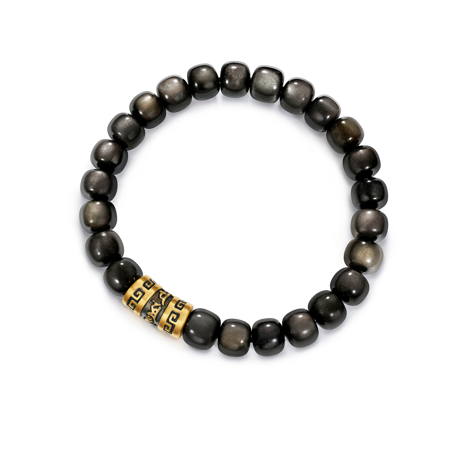六福珠宝六字真言黄金手链男士款电黑转运珠黑曜岩手串A01A0036DS