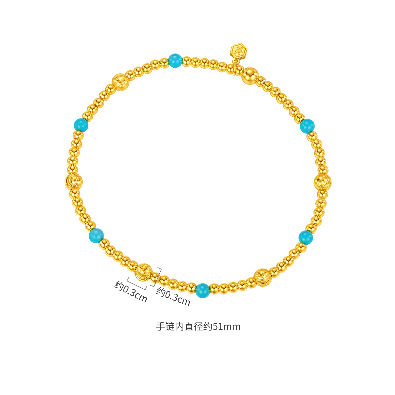 【店庆特惠】六福珠宝小金珠黄金手链女款时尚足金绿松石手串计价F63G0122DS