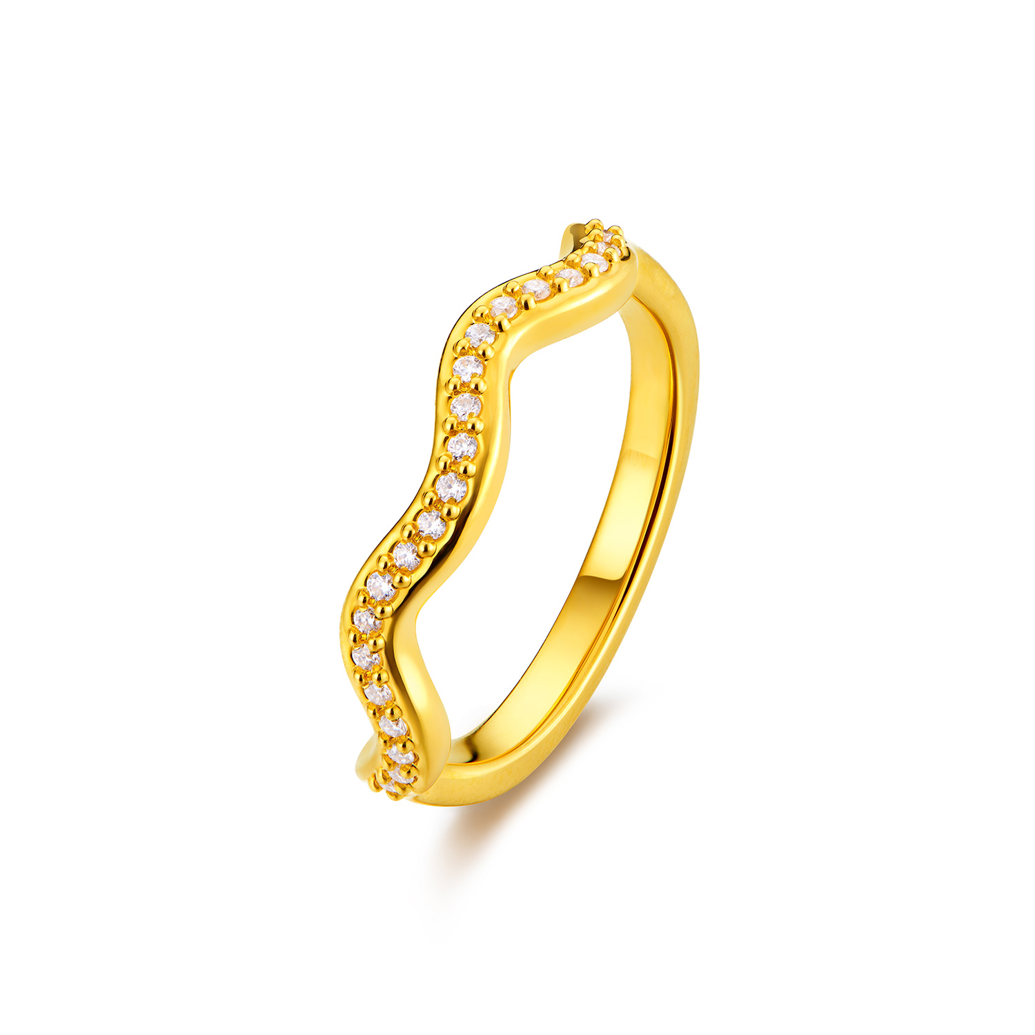 六福珠宝波浪线条黄金戒指女款时尚5D硬金镶嵌钻石首饰036046RA