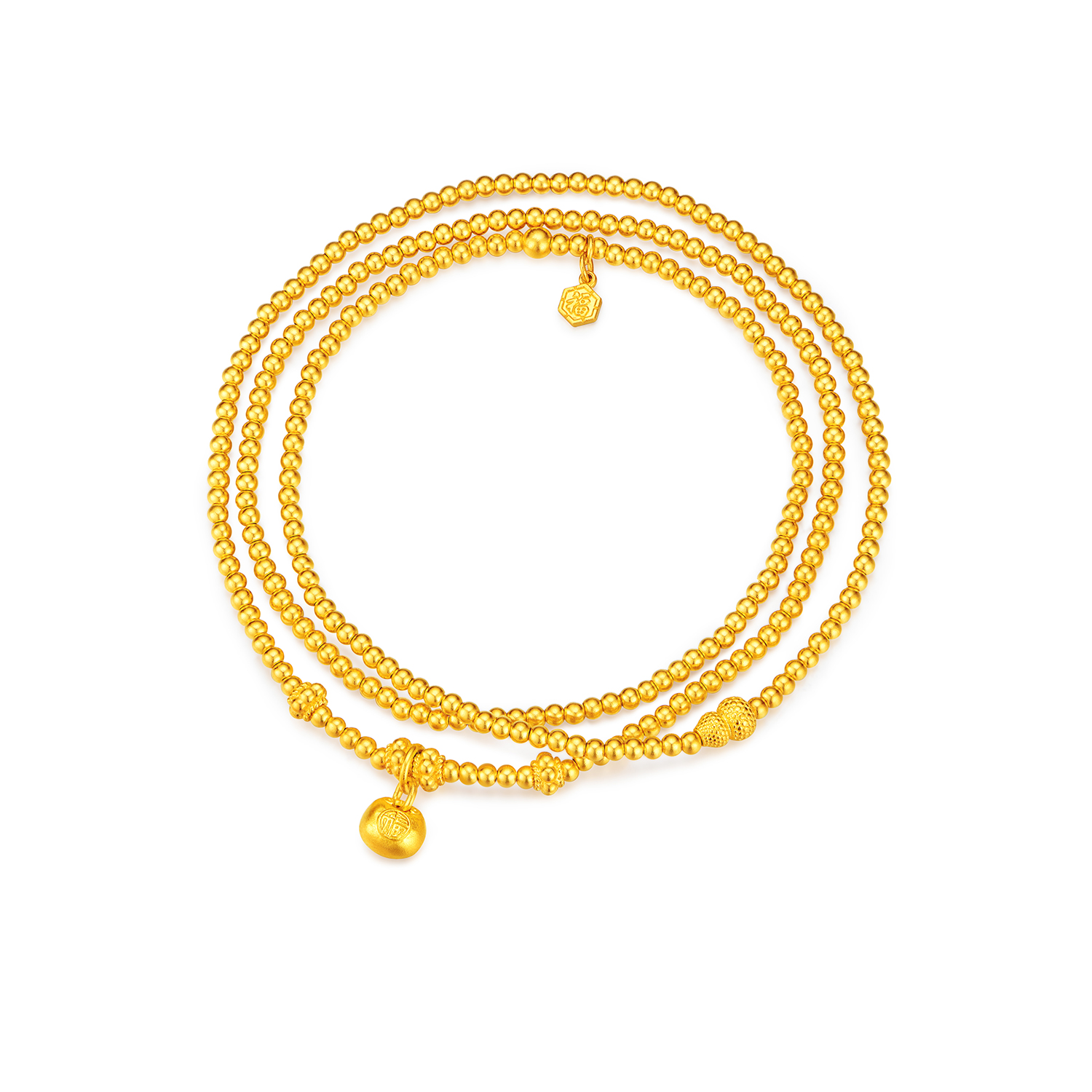 六福珠宝福禄满盈小胖福黄金项链三圈金珠手串手链计价F48G0057DS【视频看货】