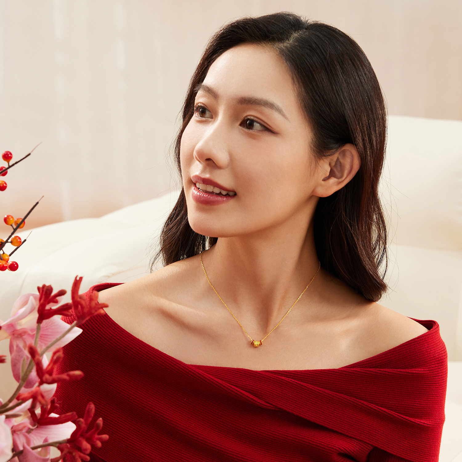 六福珠宝鸿运亨通碎碎冰黄金项链女款鎏彩足金筒珠计价G16G0048DS