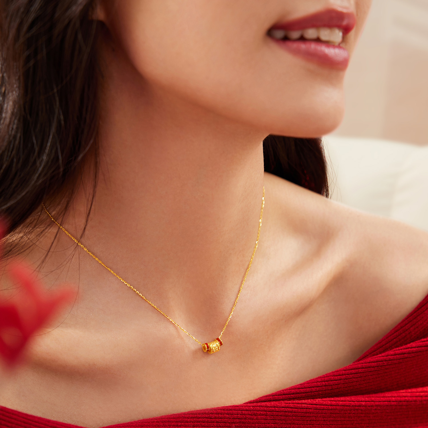 六福珠宝鸿运亨通碎碎冰黄金项链女款鎏彩足金筒珠计价G16G0048DS