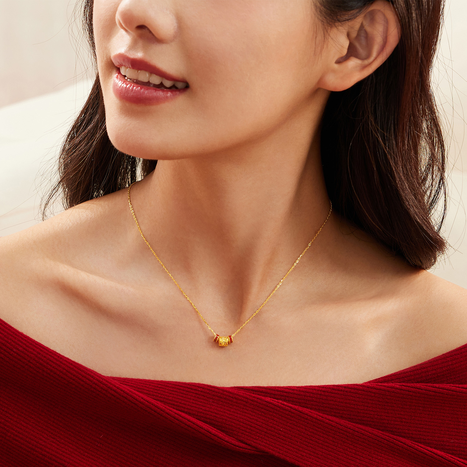 六福珠宝鸿运亨通碎碎冰黄金项链女款鎏彩足金筒珠计价G16G0048DS