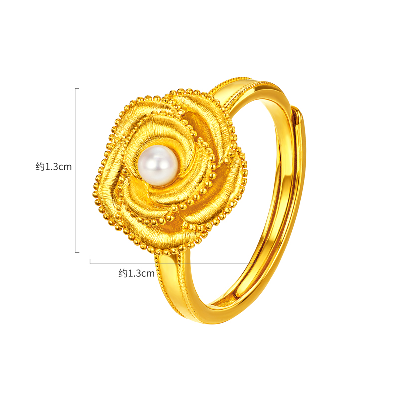 六福珠宝光影金山茶花黄金戒指实心手工拉丝珍珠首饰计价036160ra专享折扣