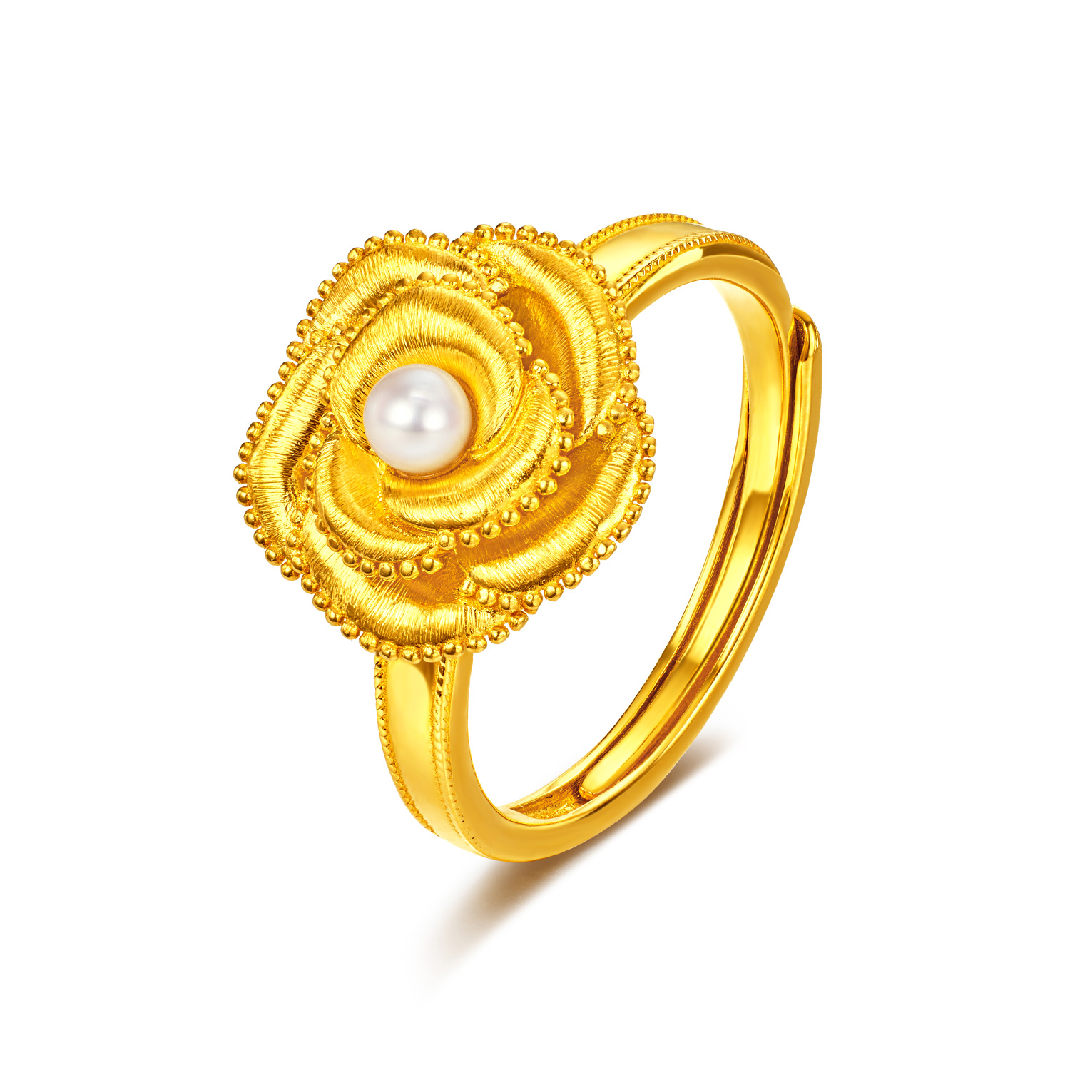 六福珠宝光影金山茶花黄金戒指实心手工拉丝珍珠首饰计价036160ra专享折扣