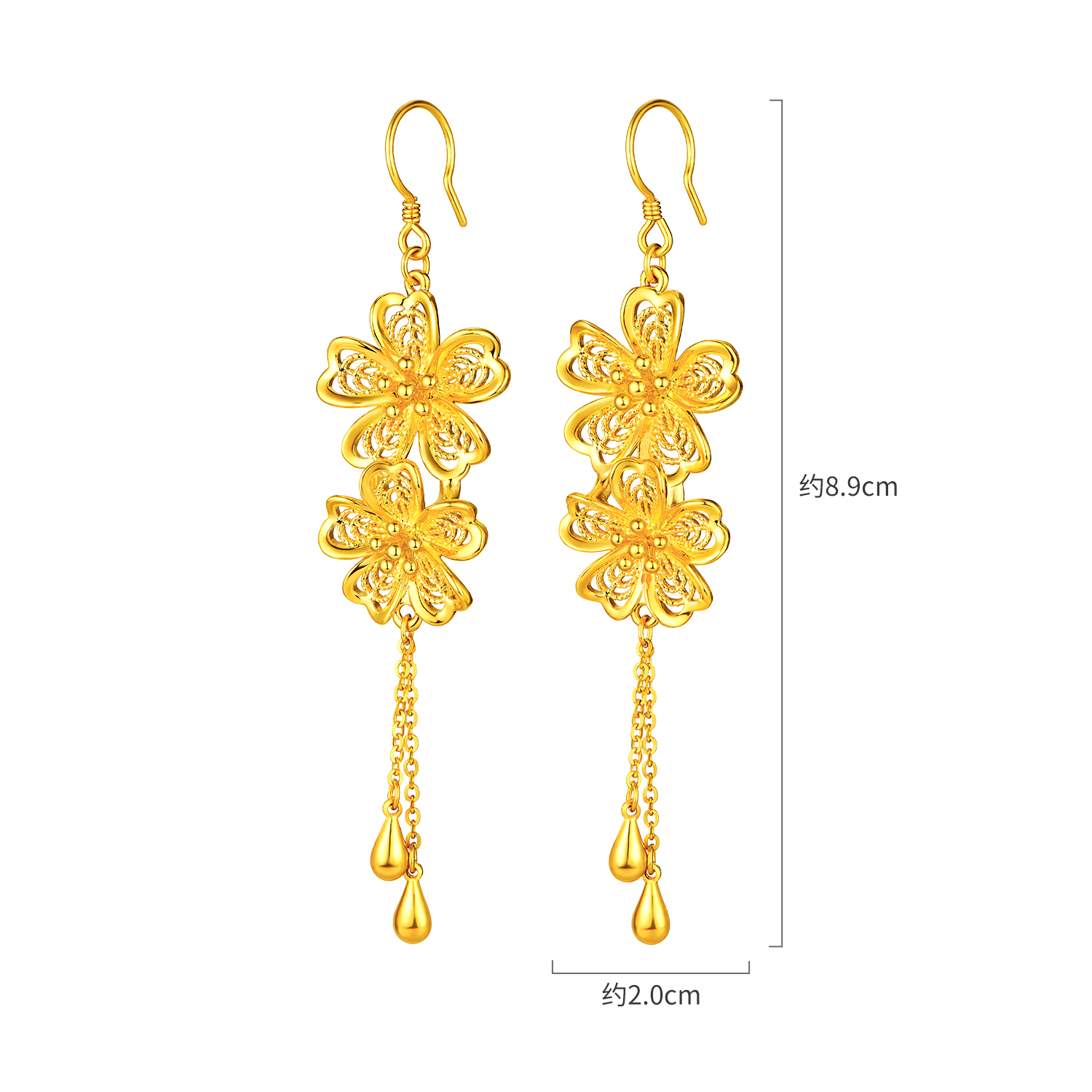 【20日上新】六福珠宝富贵花开黄金流苏耳环女款5D硬金婚嫁中式计价A03G0004DS新品324