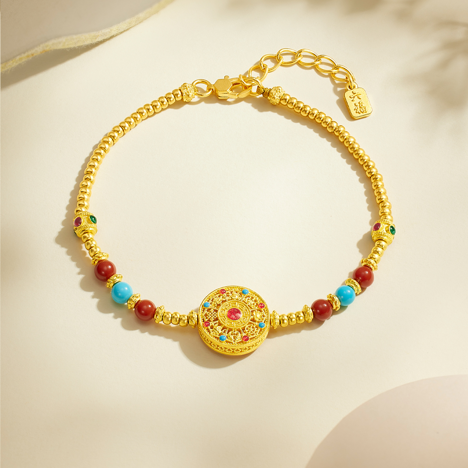 六福珠宝八宝罗盘黄金手链文玩鎏彩绿松石手串玉髓计价F63G0121DS【视频看货】【联系客服补货】