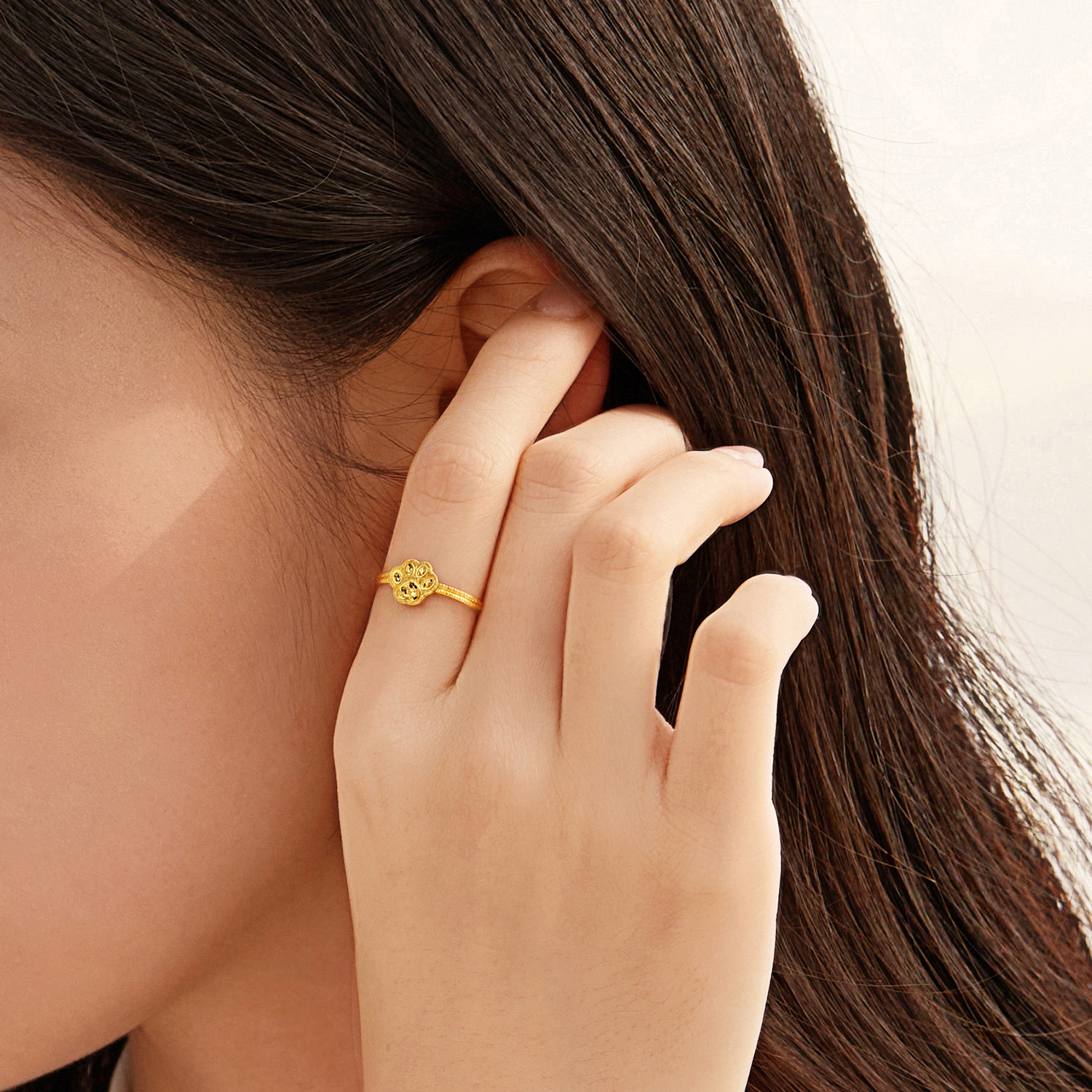 【店庆特惠】六福珠宝光影金小猫爪黄金戒指女款手工编织碎碎冰计价GJG0192DS