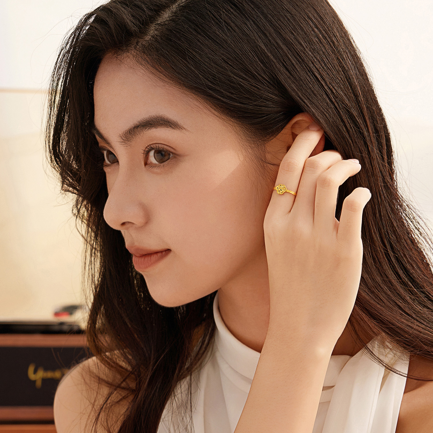 【店庆特惠】六福珠宝光影金小猫爪黄金戒指女款手工编织碎碎冰计价GJG0192DS