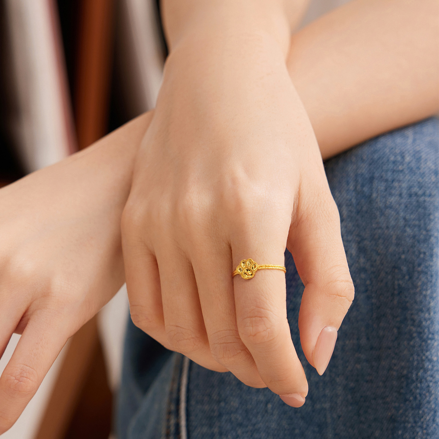 【店庆特惠】六福珠宝光影金小猫爪黄金戒指女款手工编织碎碎冰计价GJG0192DS