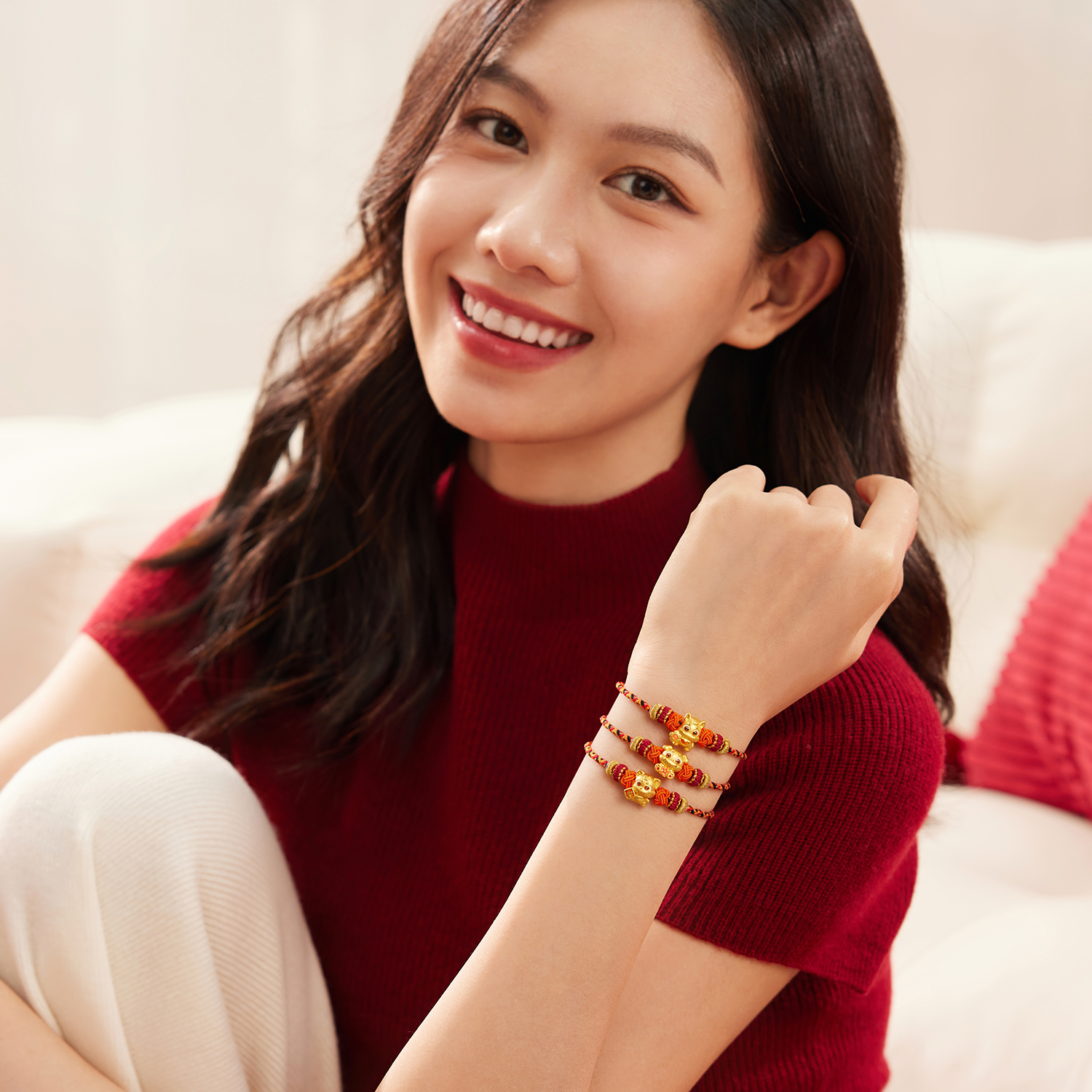 六福珠宝十二生肖奇趣萌牙黄金转运珠鎏彩马年可DIY串珠034111PA