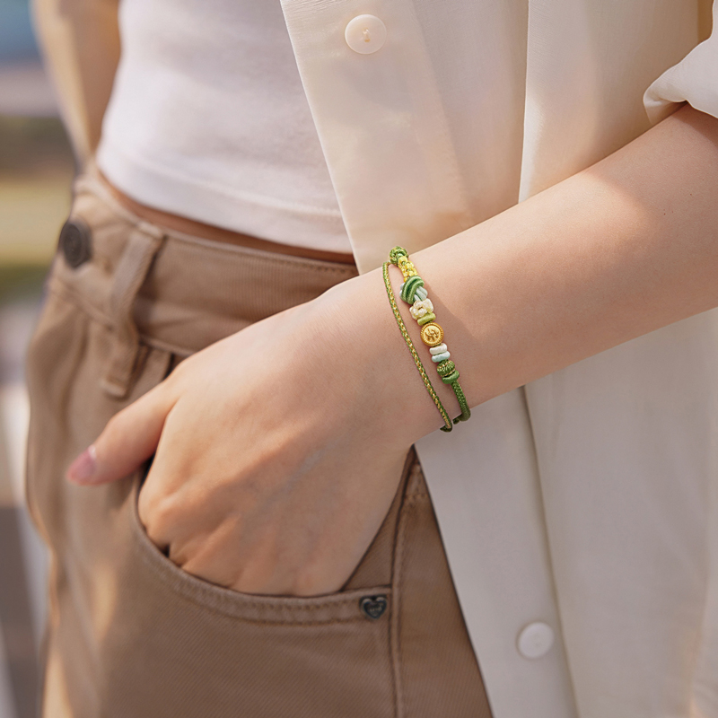 六福珠宝平安美满黄金转运珠手绳女款5D硬金路路通手链A01A0038DS