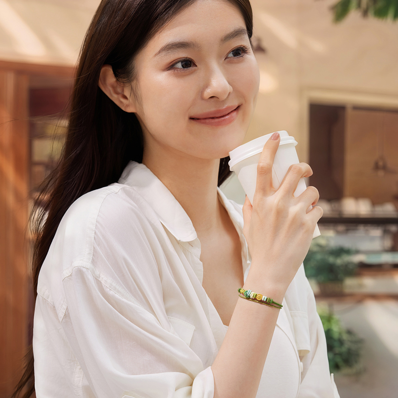 六福珠宝平安美满黄金转运珠手绳女款5D硬金路路通手链A01A0038DS