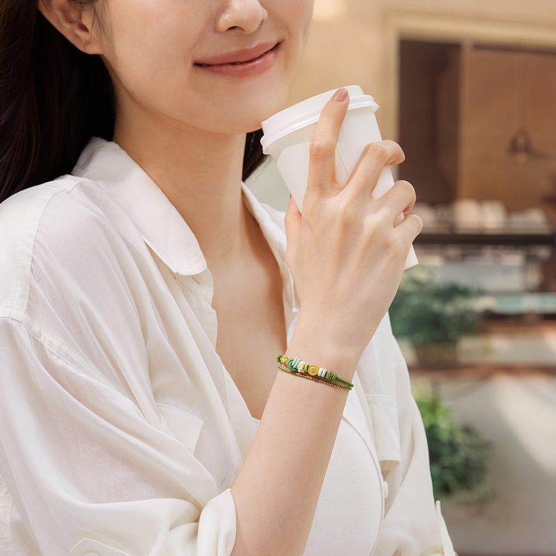 六福珠宝平安美满黄金转运珠手绳女款5D硬金路路通手链A01A0038DS