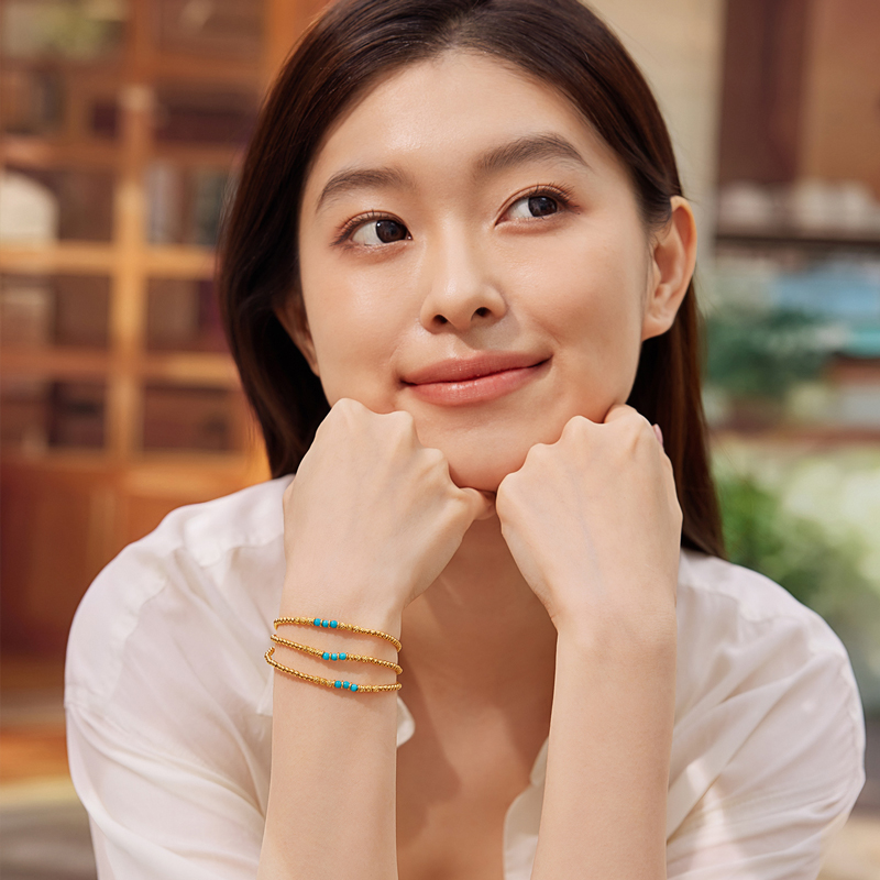 六福珠宝菠萝金珠黄金项链女款绿松石足金三圈手串计价F63G0081DS【1V1直播看货】