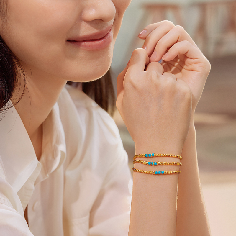 六福珠宝菠萝金珠黄金项链女款绿松石足金三圈手串计价F63G0081DS【1V1直播看货】