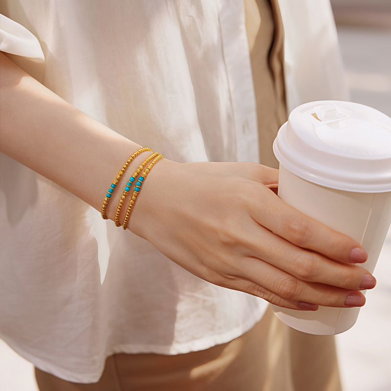 六福珠宝菠萝金珠黄金项链女款绿松石足金三圈手串计价F63G0081DS【1V1直播看货】