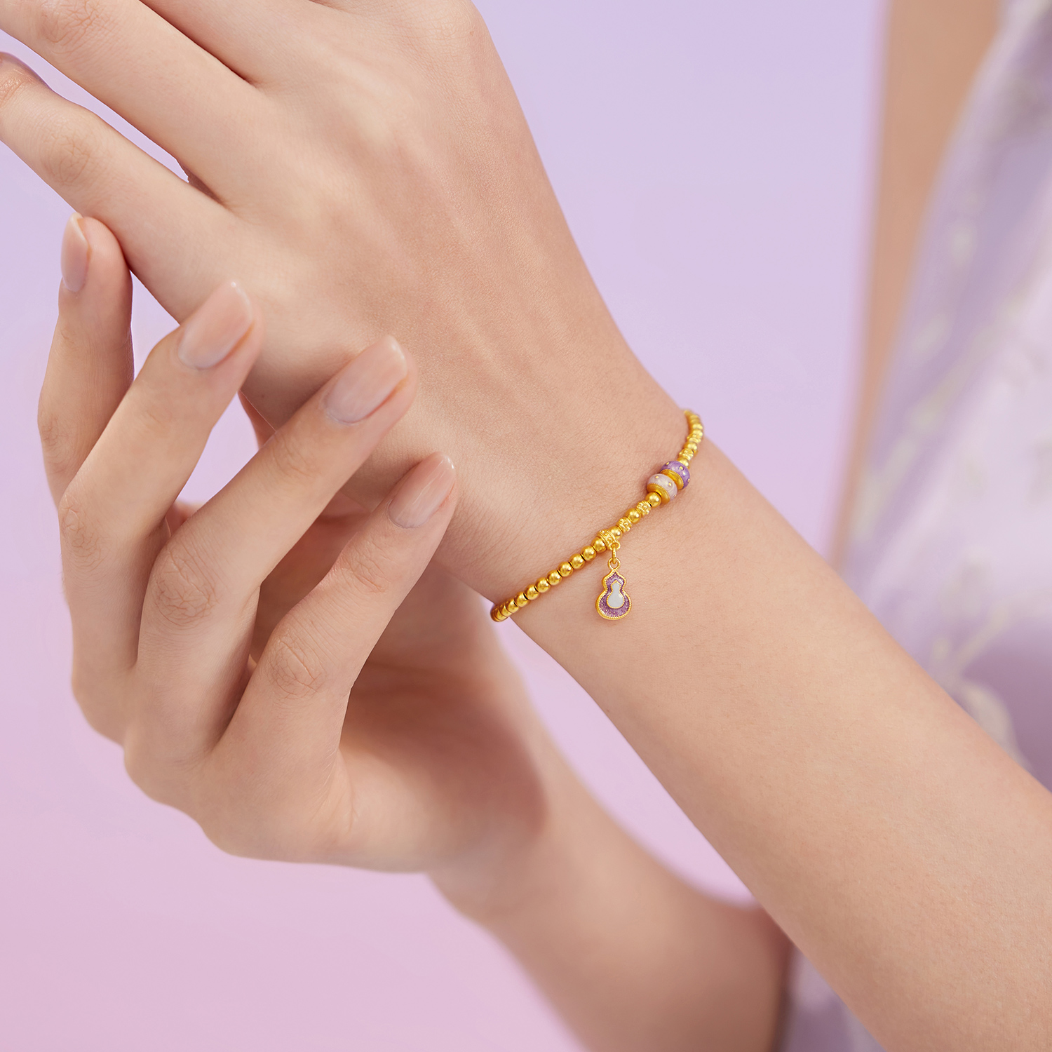 【店庆特惠】六福珠宝福满传家九紫离火黄金手链女葫芦金珠手串计价F63G0082DS【1V1直播看货】