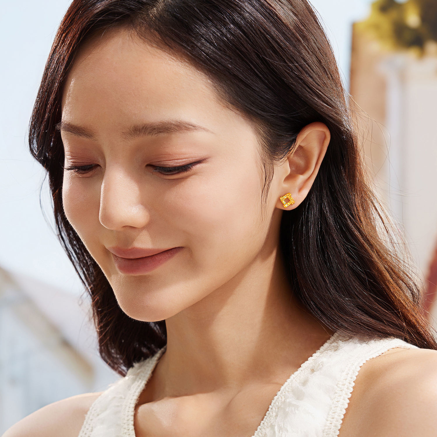 六福珠宝光影金炫动时空黄金耳钉几何方形炫彩耳环耳钉计价GJG0180DS热销新品炫动1专享特惠