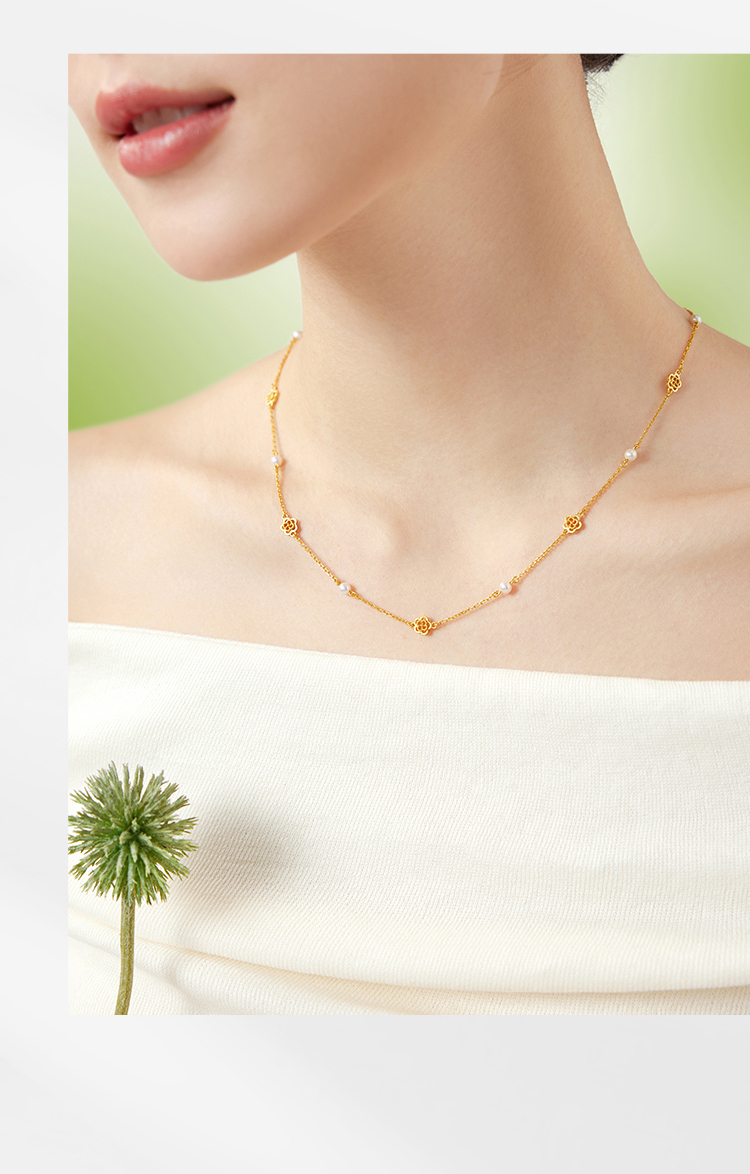 六福珠宝玫瑰花黄金项链女款法式珍珠套链足金链子计价GJGTBN0040