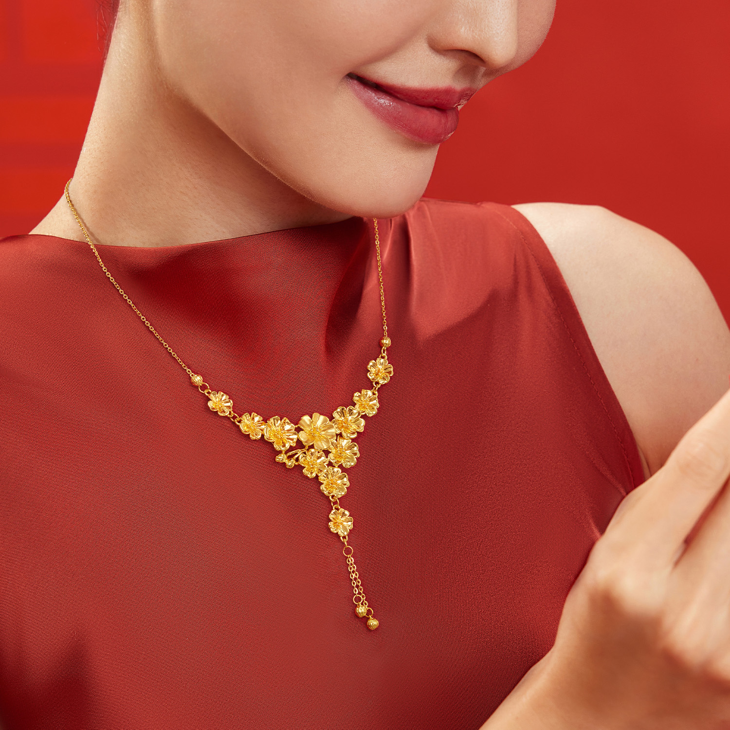 六福珠宝桃花映缘黄金项链流苏结婚三金五金婚嫁礼计价A03G0003DS新品1-7