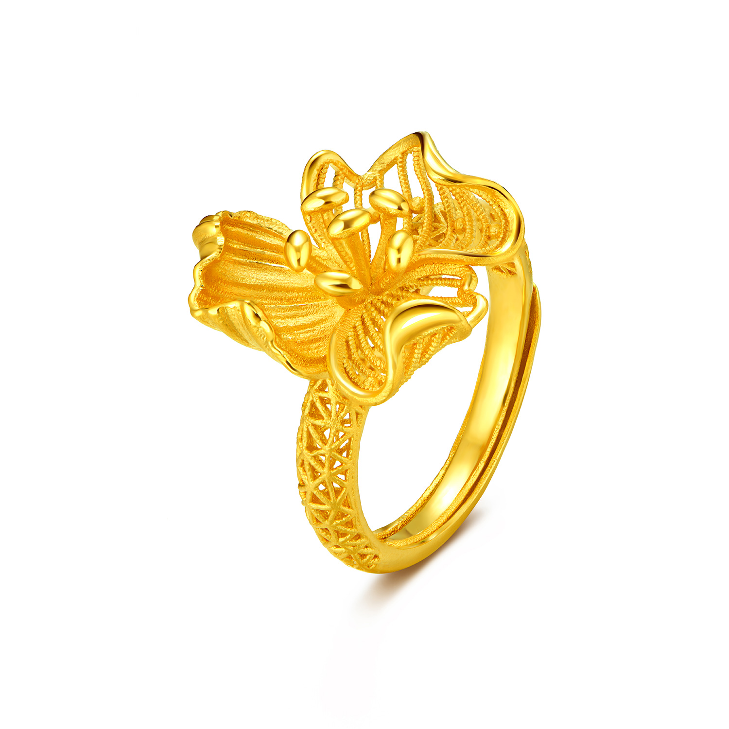 六福珠宝幸福花开扶桑花镂空黄金戒指女三金婚嫁礼计价F21G0044DS