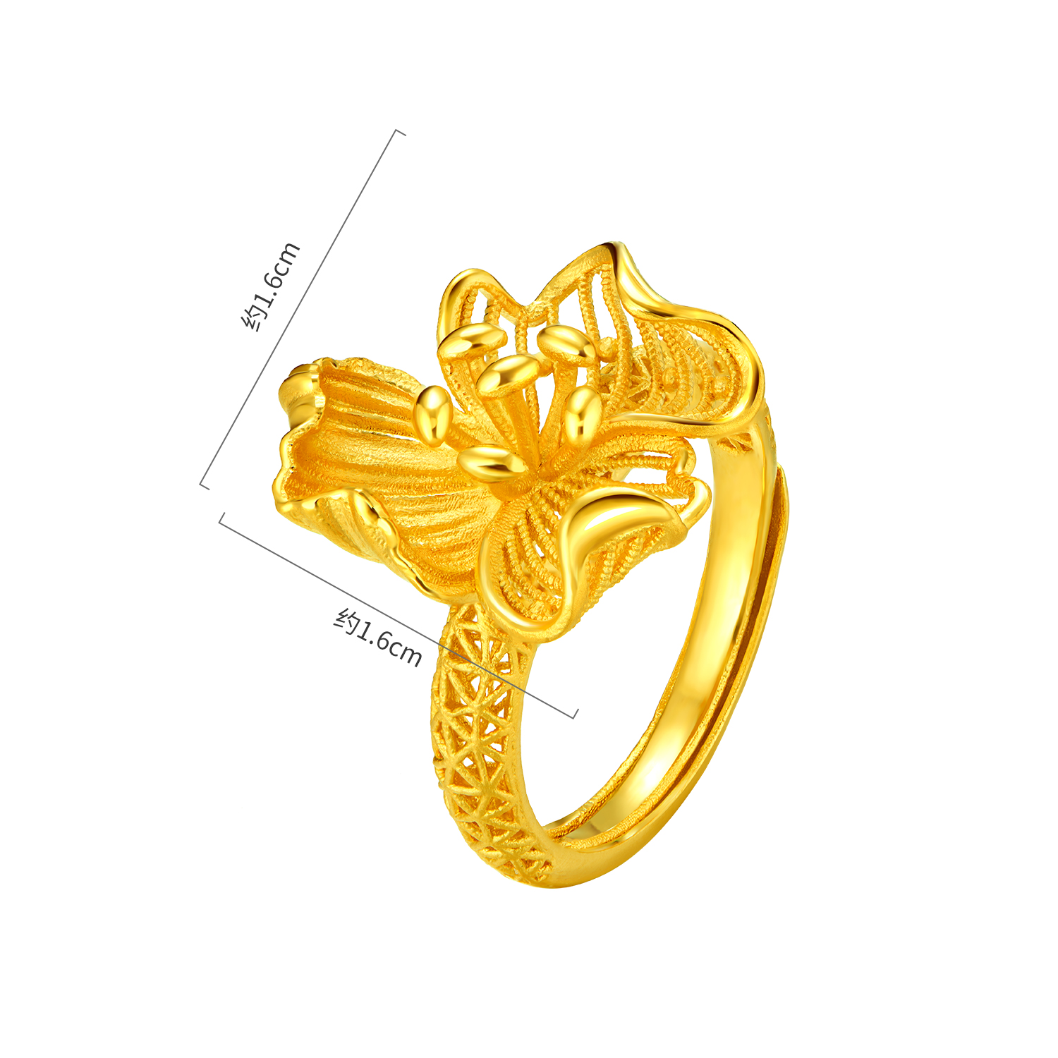 六福珠宝幸福花开扶桑花镂空黄金戒指女三金婚嫁礼计价F21G0044DS