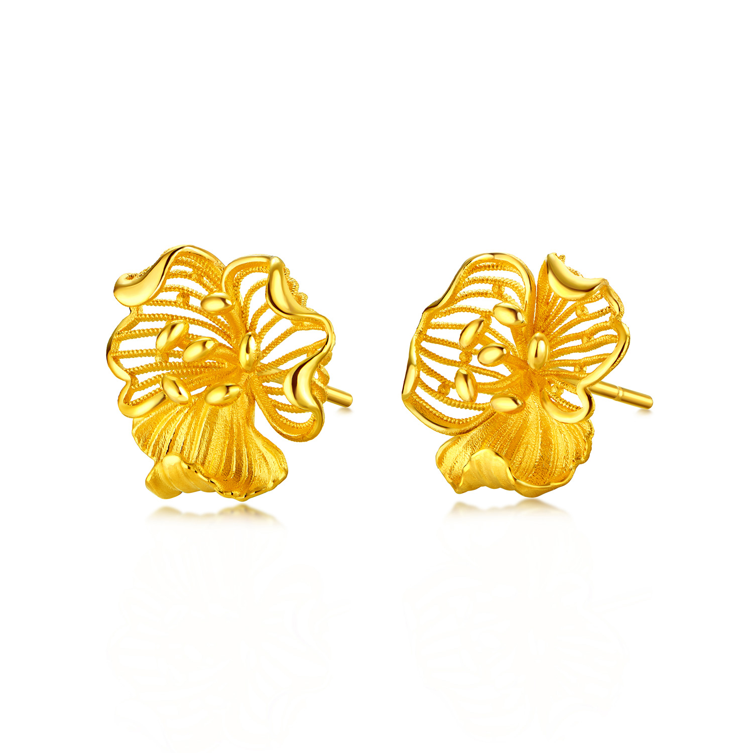 六福珠宝幸福花开扶桑花黄金耳钉耳环女三金婚嫁礼计价F21G0043DS