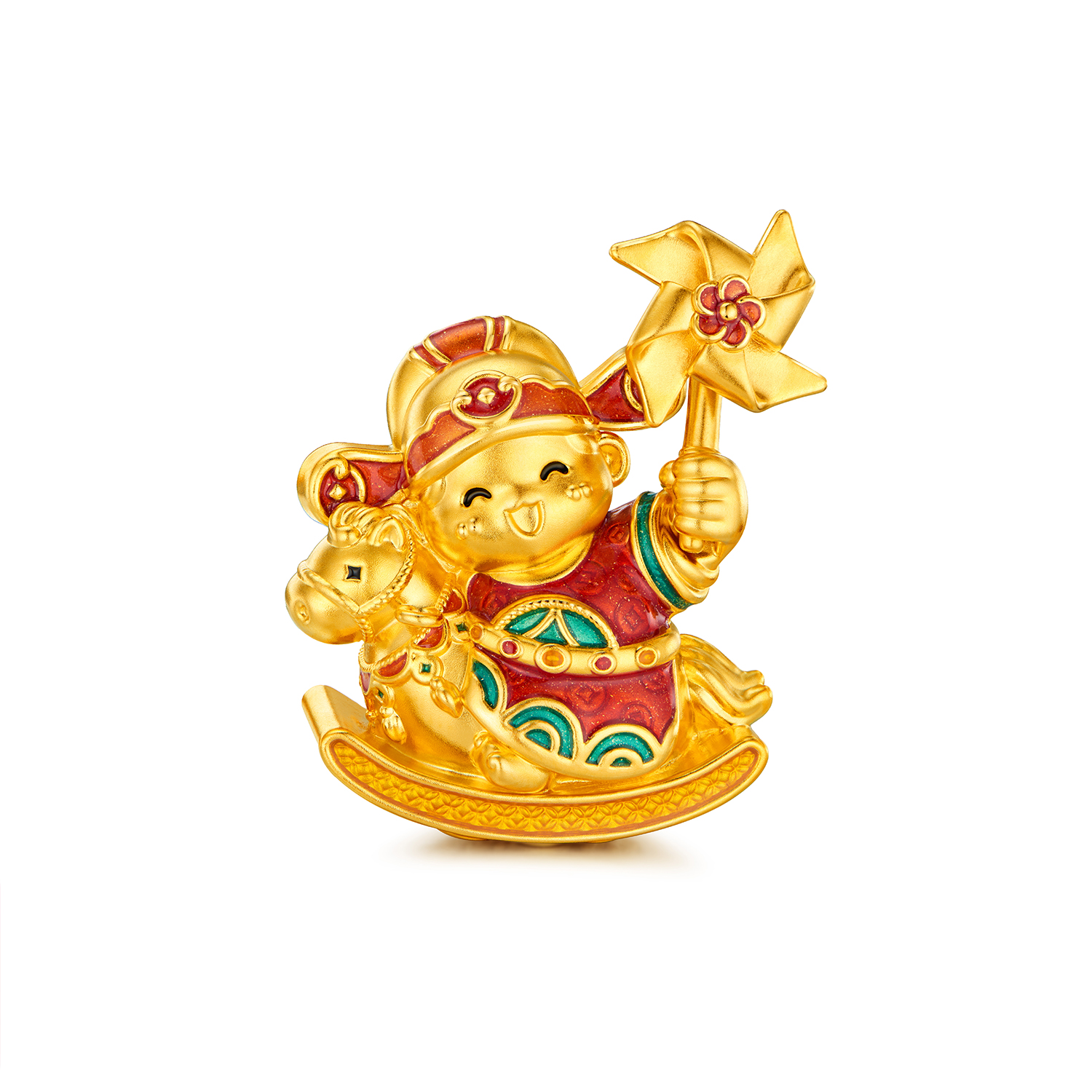 六福珠宝马上有钱小财神黄金摆件鎏彩摇摇马工艺品计价G46G0004DS【视频看货】