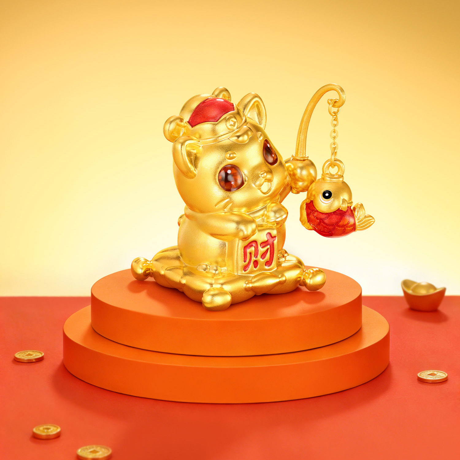 六福珠宝年年有鱼旺财猫黄金摆件鎏彩金饰工艺品计价G46G0001DS