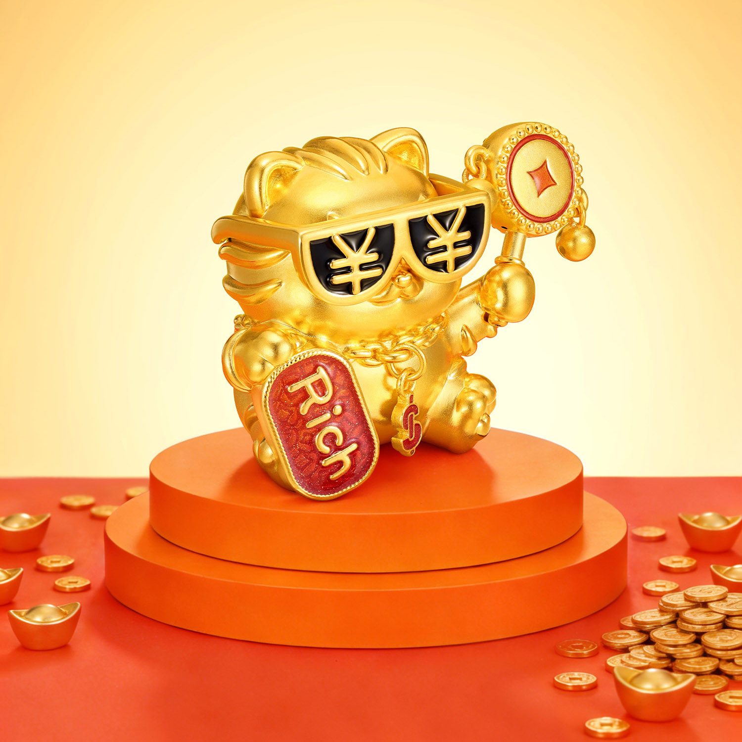 六福珠宝暴富稳赢旺财猫黄金摆件鎏彩金饰工艺品计价G46G0005DS【视频看货】