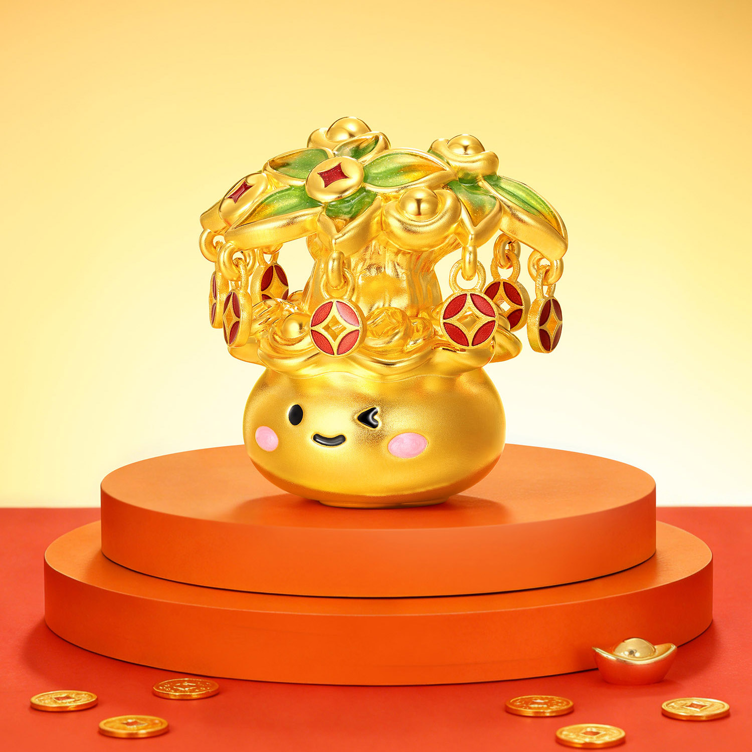 六福珠宝富贵树黄金摆件鎏彩5D硬金工艺品金饰礼物计价G46G0003DS【视频看货】