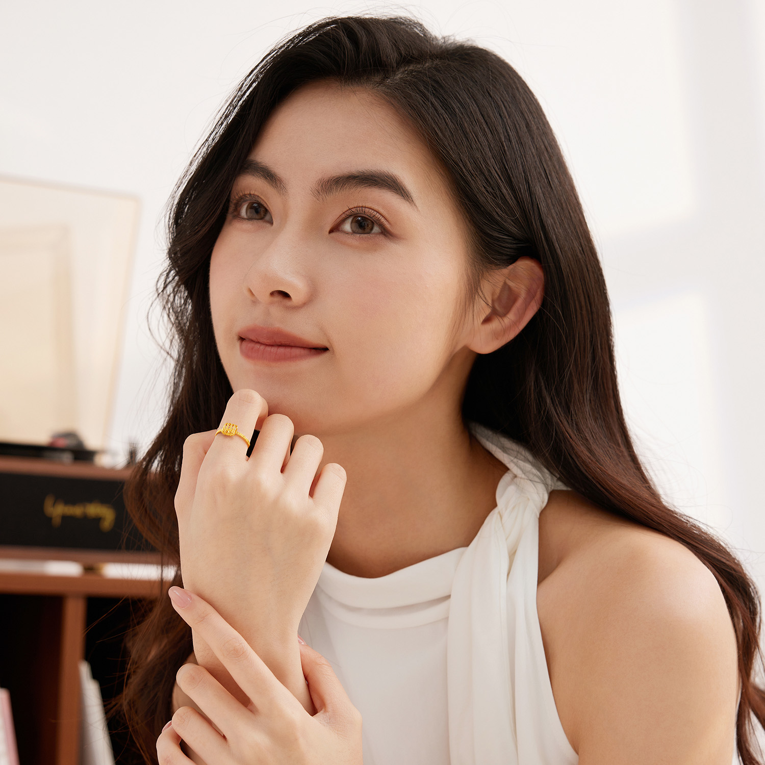 六福珠宝光影金小方糖黄金戒指女款手工编织5G足金计价GJG0186DS