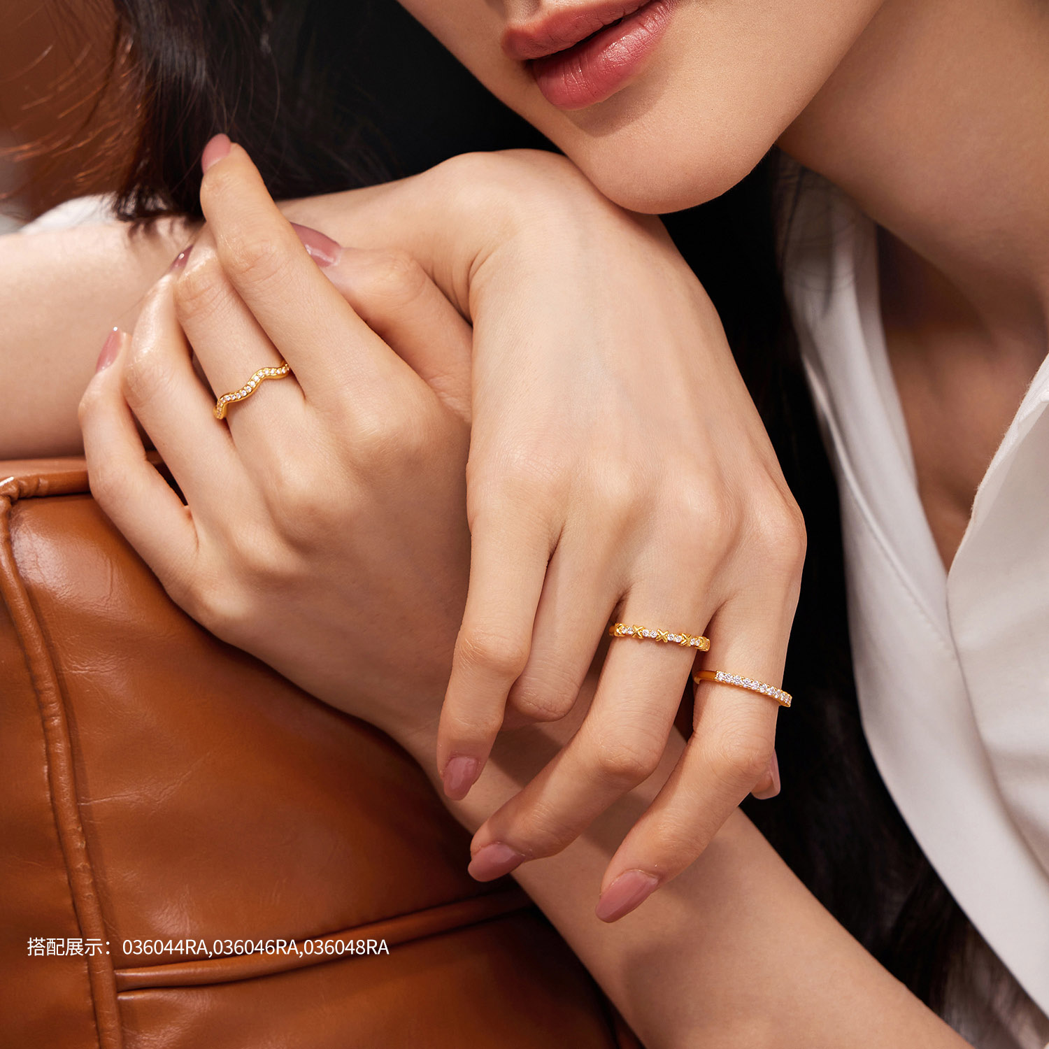 六福珠宝星河黄金戒指女时尚5D硬金镶嵌钻石戒指排钻首饰036048RA