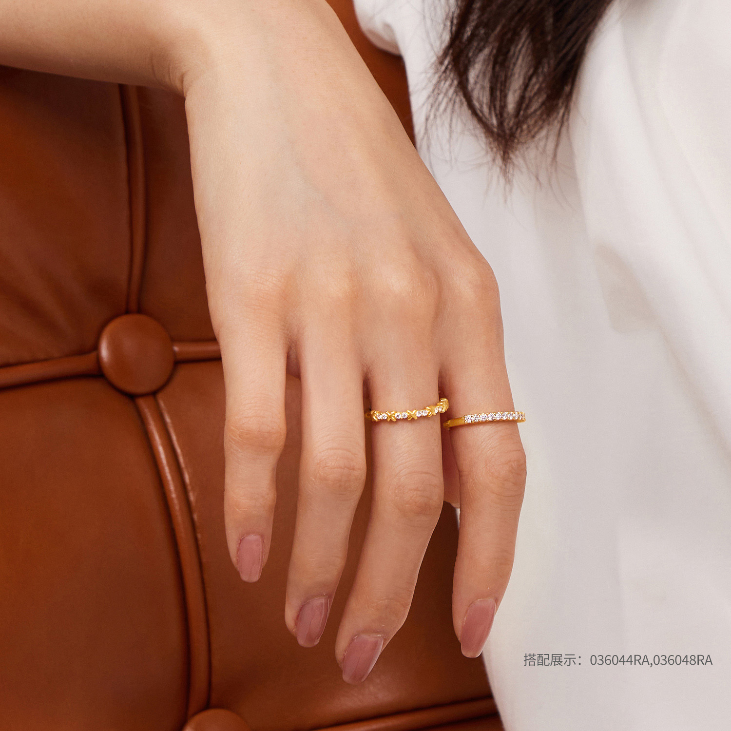 六福珠宝星河黄金戒指女时尚5D硬金镶嵌钻石戒指排钻首饰036048RA