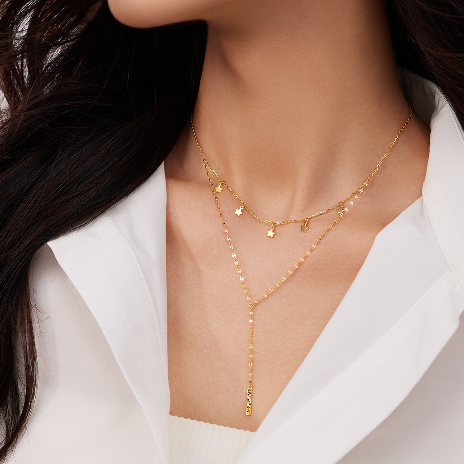 六福珠宝光影金璀璨星语黄金项链流苏星星双层Y字链计价GJG0219DS