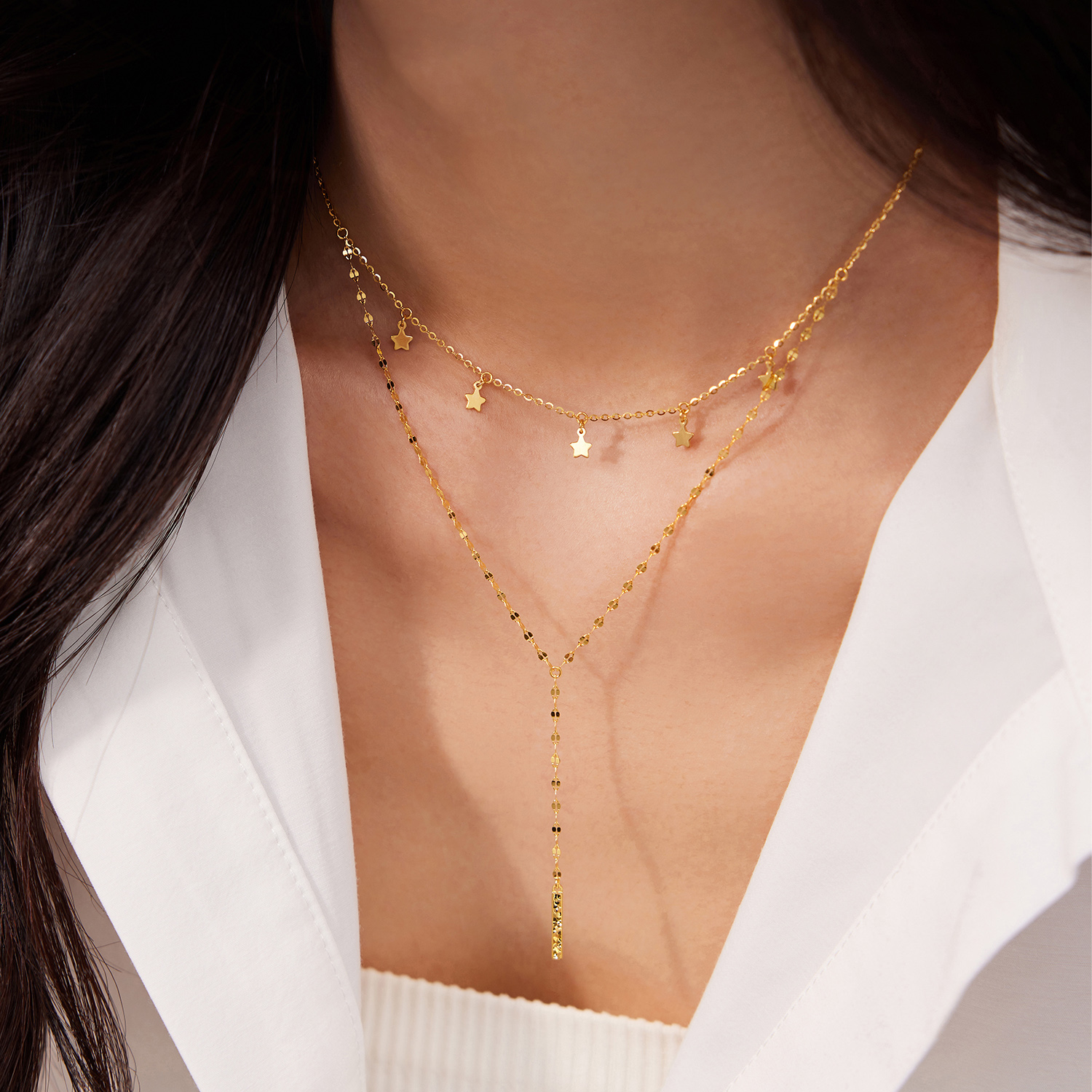 六福珠宝光影金璀璨星语黄金项链流苏星星双层Y字链计价GJG0219DS