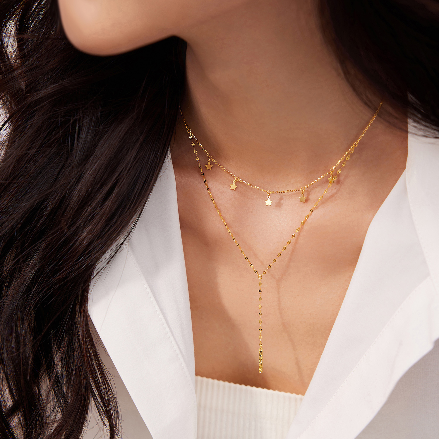 六福珠宝光影金璀璨星语黄金项链流苏星星双层Y字链计价GJG0219DS